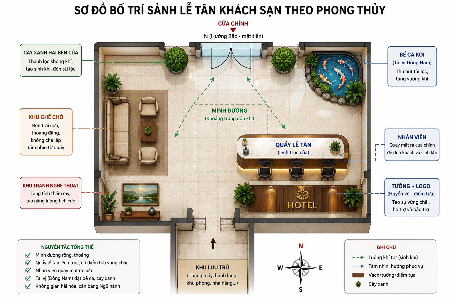 Sơ đồ bố trí sảnh lễ tân khách sạn theo phong thủy: Vị trí, hướng và cách trang trí 2 Sơ đồ bố trí sảnh lễ tân khách sạn theo phong thủy