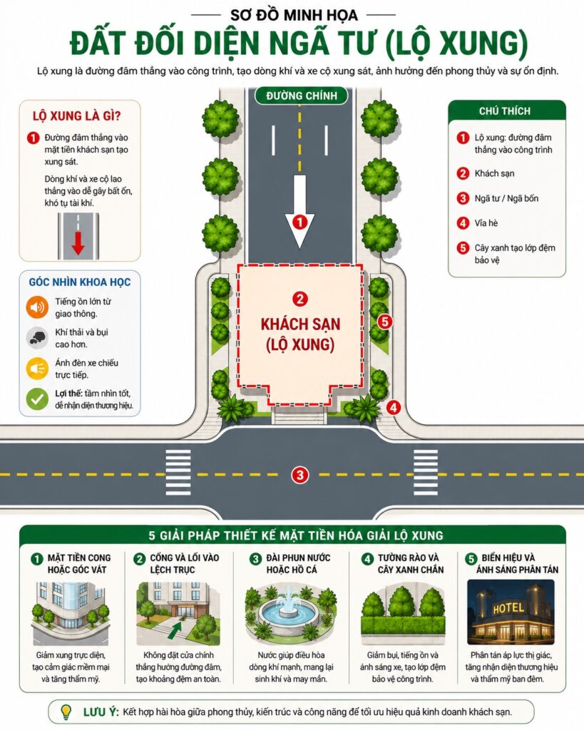 Đất đối diện ngã ba, ngã tư (lộ xung): Cách thiết kế mặt tiền khách sạn hóa giải