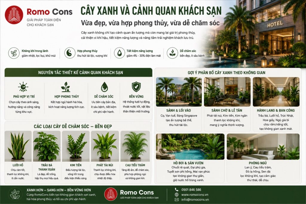 Cây xanh và cảnh quan khách sạn: Vừa đẹp, vừa hợp phong thủy, vừa dễ chăm sóc