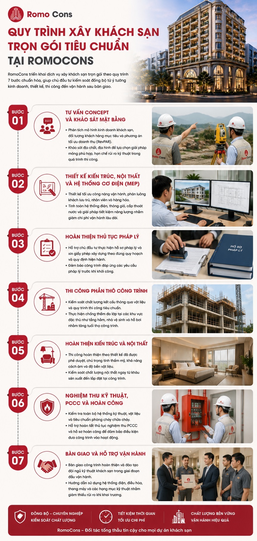 Quy trình xây khách sạn trọn gói tiêu chuẩn tại RomoCons