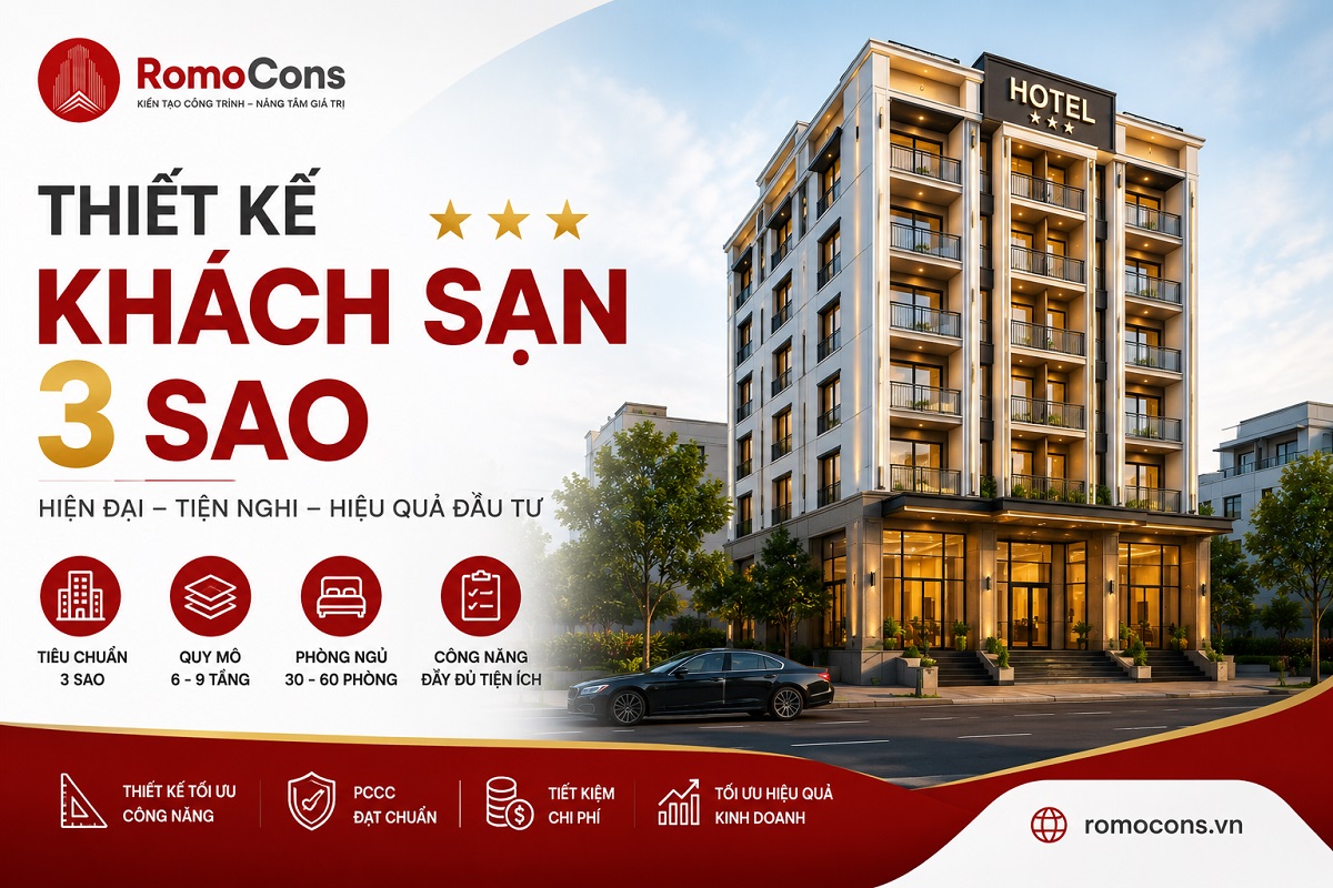 Thiết kế khách sạn 3 sao: Tiêu chuẩn, báo giá & các mẫu đẹp nhất 2026