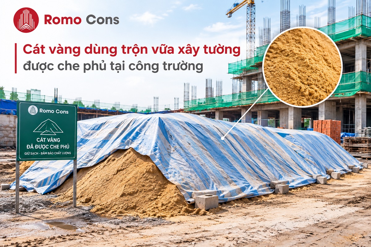 Cách trộn vữa xây tường đúng chuẩn tỷ lệ theo mác, chọn cát và 4 lỗi làm tường bong, ố muối 2 Cát vàng dùng trộn vữa xây tường được che phủ tại công trường