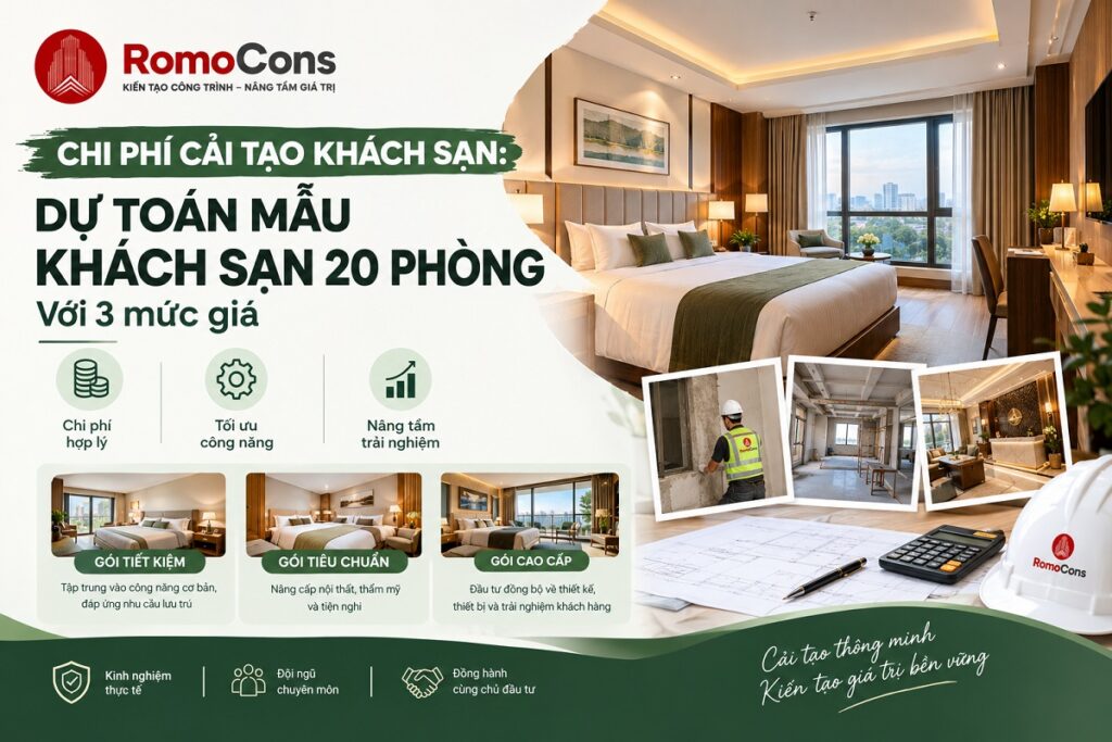 Chi phí cải tạo khách sạn: Dự toán mẫu khách sạn 20 phòng với 3 mức giá