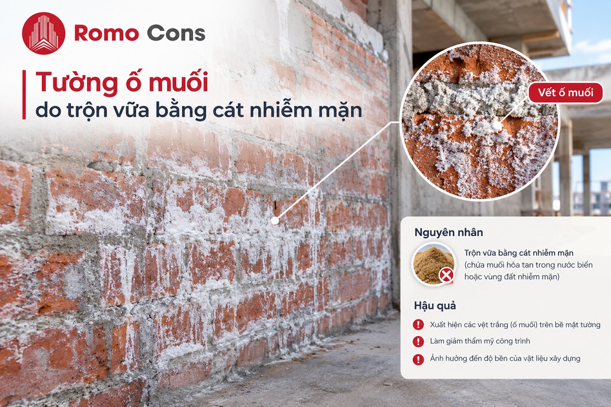 Cách trộn vữa xây tường đúng chuẩn tỷ lệ theo mác, chọn cát và 4 lỗi làm tường bong, ố muối 3 Tường ố muối do trộn vữa bằng cát nhiễm mặn