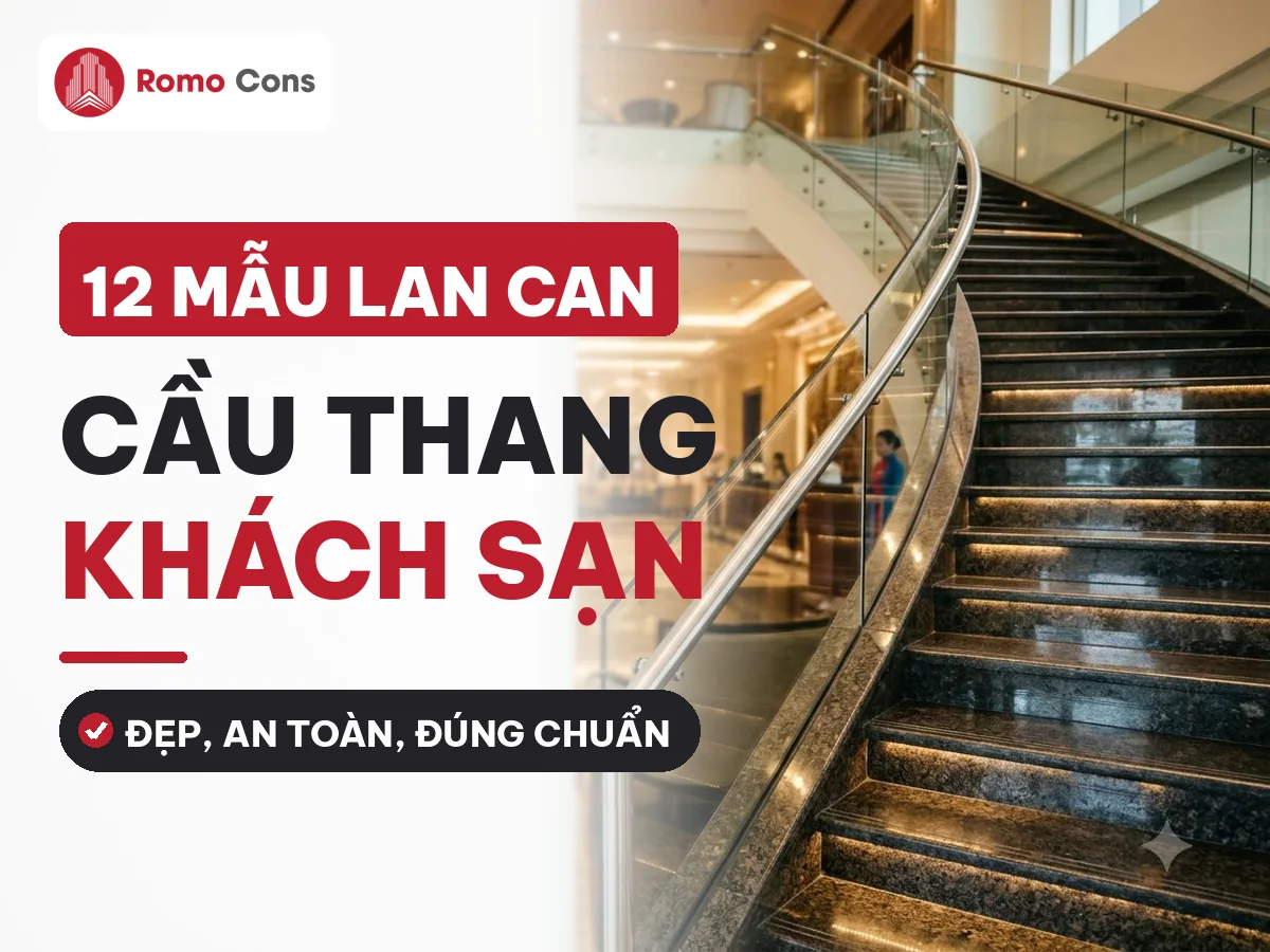 Lan can cầu thang khách sạn bằng kính cường lực tay vịn inox ở cầu thang sảnh bậc đá granite