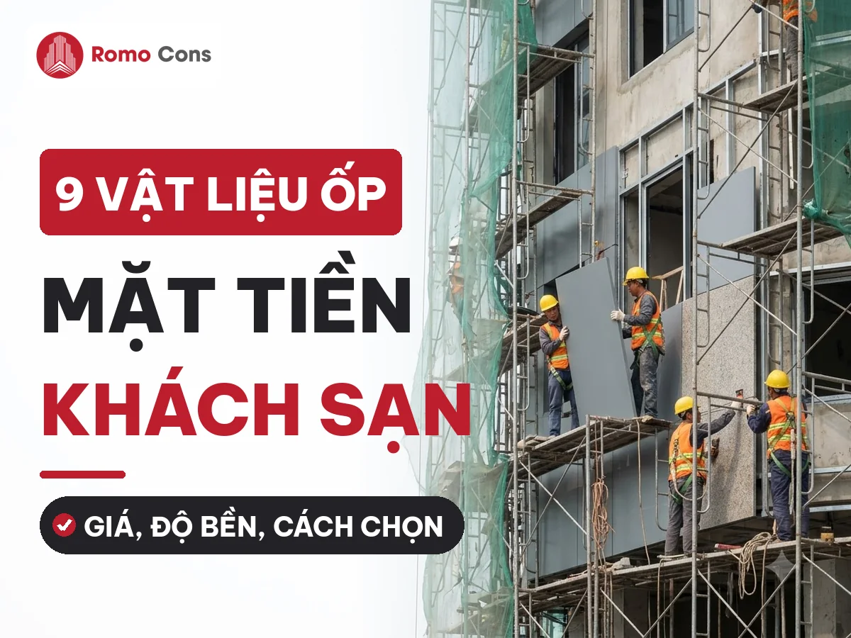 Vật liệu ốp mặt tiền khách sạn: thợ Việt Nam lắp tấm ốp trên giàn giáo có lưới an toàn