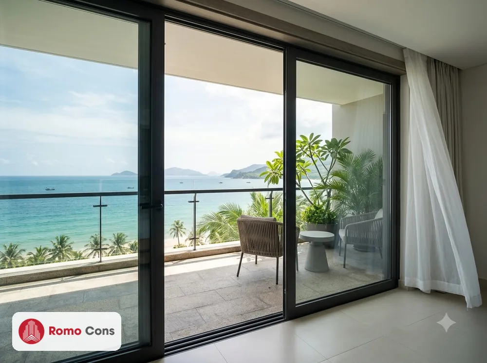 20 mẫu cửa nhôm kính khách sạn đẹp, bền theo từng vị trí: sảnh, phòng, ban công 11 Cửa ban công khách sạn nhôm kính mở trượt nhìn ra biển