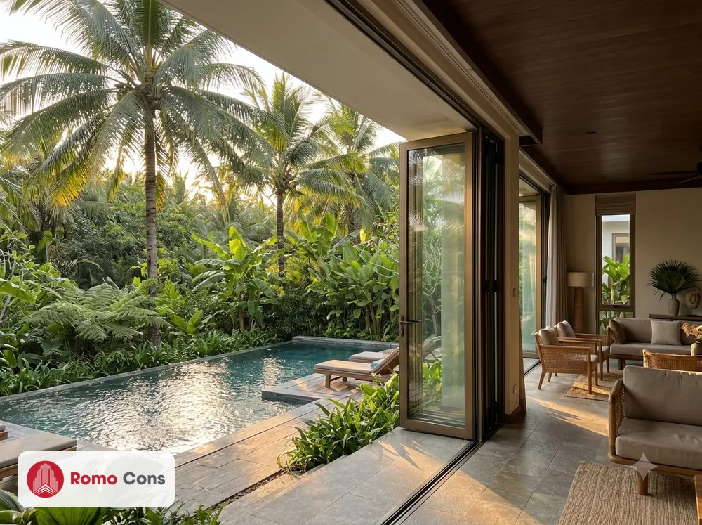 20 mẫu cửa nhôm kính khách sạn đẹp, bền theo từng vị trí: sảnh, phòng, ban công 12 Cửa nhôm kính xếp trượt mở ra hồ bơi của villa resort Phú Quốc