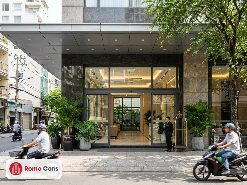 20 mẫu cửa nhôm kính khách sạn đẹp, bền theo từng vị trí: sảnh, phòng, ban công 3 Cửa trượt tự động nhôm kính ở sảnh khách sạn tại TP.HCM