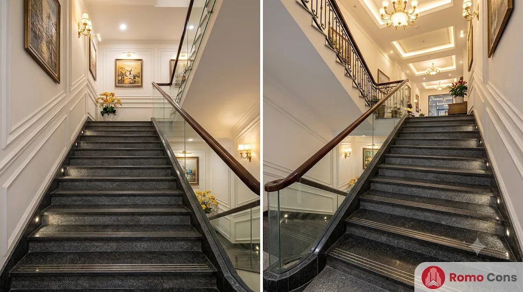 22 mẫu lát sàn khách sạn đẹp, bền theo từng khu vực: gạch, SPC, sàn gỗ và thảm 22 Cầu thang bộ khách sạn lát đá granite có rãnh chống trượt