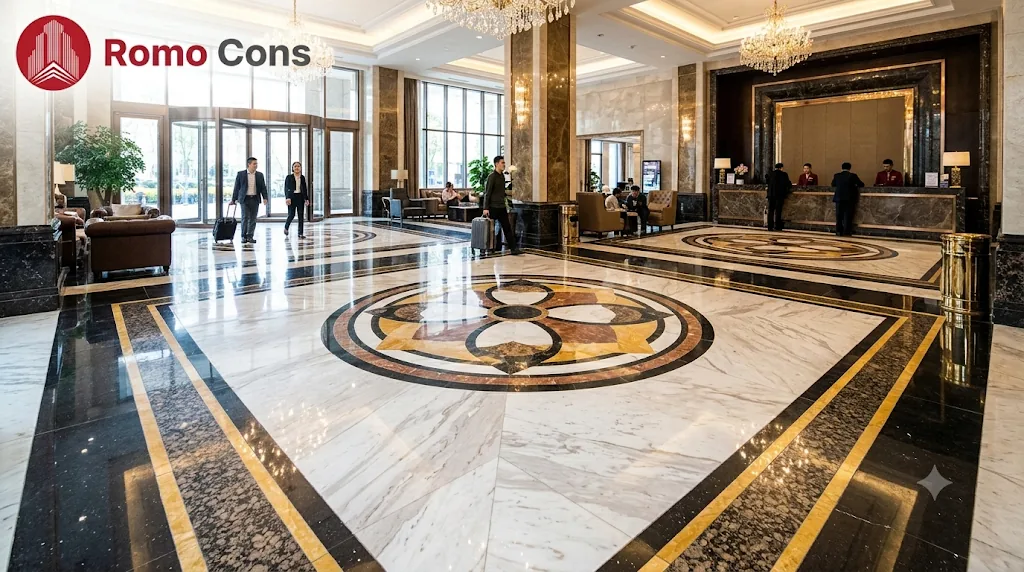 22 mẫu lát sàn khách sạn đẹp, bền theo từng khu vực: gạch, SPC, sàn gỗ và thảm 4 Sàn sảnh khách sạn lát đá tự nhiên kết hợp viền đá đen