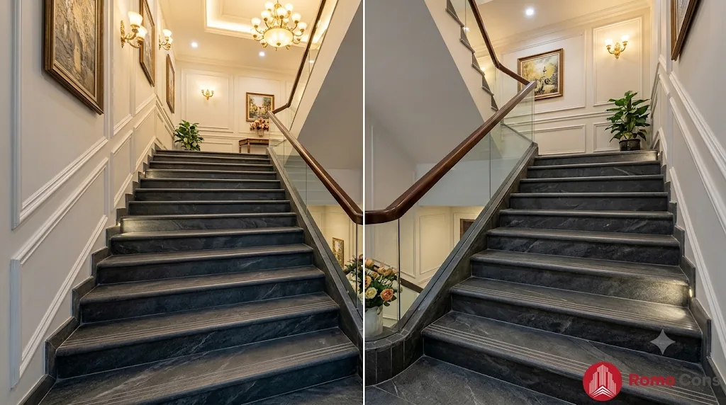 22 mẫu lát sàn khách sạn đẹp, bền theo từng khu vực: gạch, SPC, sàn gỗ và thảm 23 Cầu thang khách sạn lát gạch bậc nguyên khối có mũi bậc chống trượt