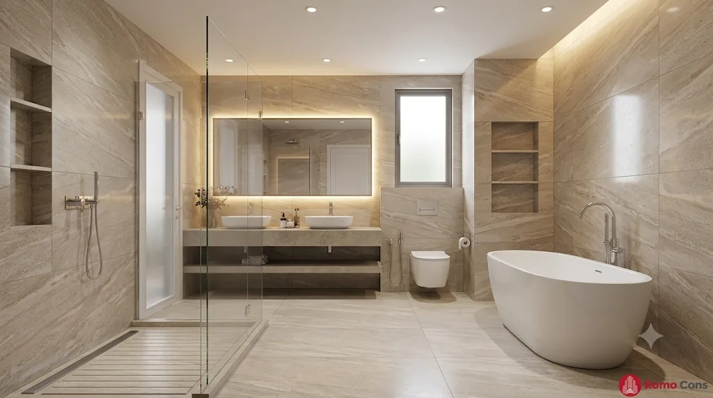 22 mẫu lát sàn khách sạn đẹp, bền theo từng khu vực: gạch, SPC, sàn gỗ và thảm 19 Phòng tắm khách sạn lát gạch khổ lớn liền mạch sàn và tường