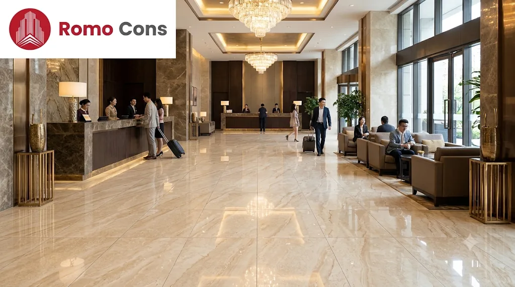 22 mẫu lát sàn khách sạn đẹp, bền theo từng khu vực: gạch, SPC, sàn gỗ và thảm 3 Sảnh lễ tân khách sạn lát gạch vân đá màu kem