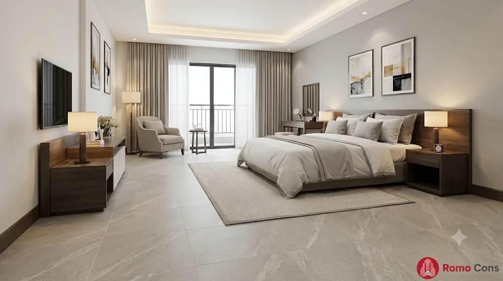 22 mẫu lát sàn khách sạn đẹp, bền theo từng khu vực: gạch, SPC, sàn gỗ và thảm 16 Phòng ngủ khách sạn lát gạch porcelain vân đá mờ