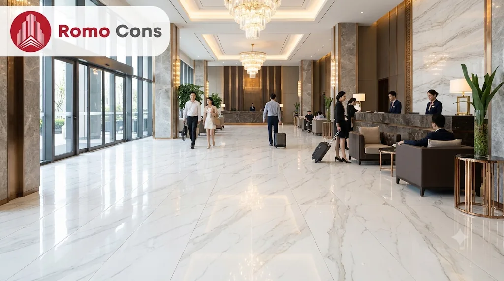 22 mẫu lát sàn khách sạn đẹp, bền theo từng khu vực: gạch, SPC, sàn gỗ và thảm 2 Sảnh khách sạn lát gạch porcelain vân đá trắng khổ lớn