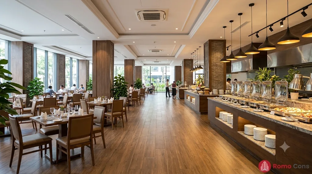 22 mẫu lát sàn khách sạn đẹp, bền theo từng khu vực: gạch, SPC, sàn gỗ và thảm 20 Nhà hàng buffet khách sạn lát gạch porcelain vân gỗ mặt mờ
