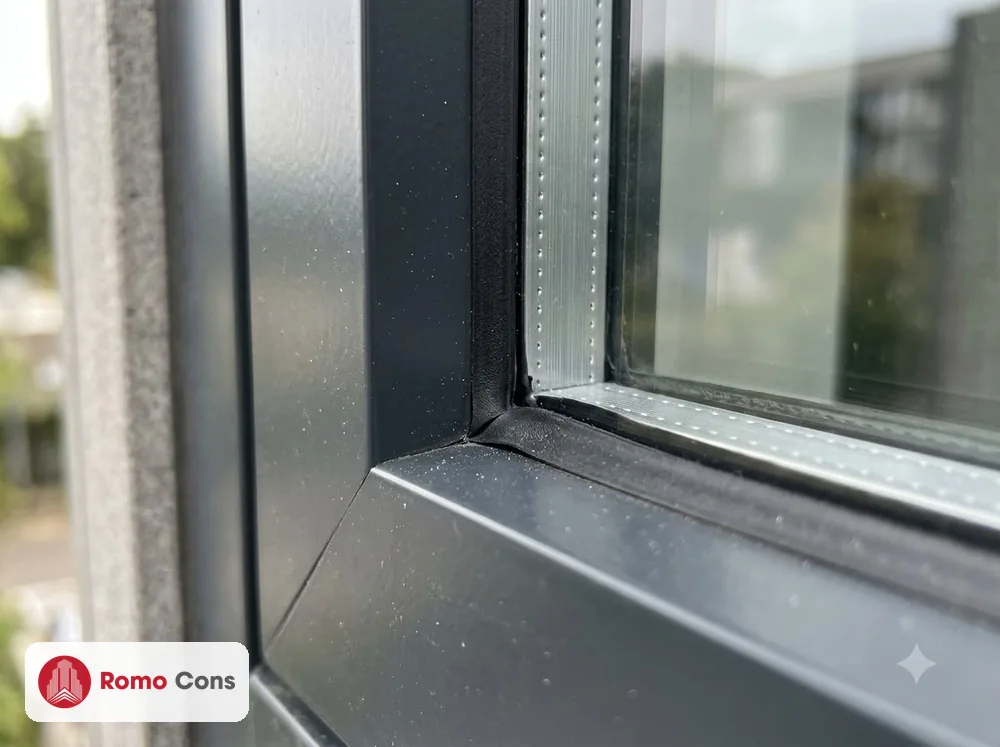 20 mẫu cửa nhôm kính khách sạn đẹp, bền theo từng vị trí: sảnh, phòng, ban công 16 Cận cảnh góc khung cửa nhôm kính khách sạn với gioăng EPDM và kính hộp