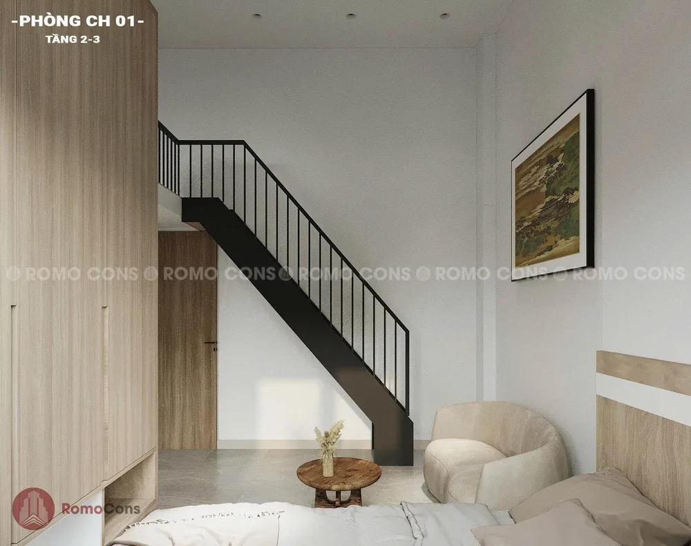 Phối cảnh lan can cầu thang thép nan đứng sơn đen trong phòng chung cư mini Tammy