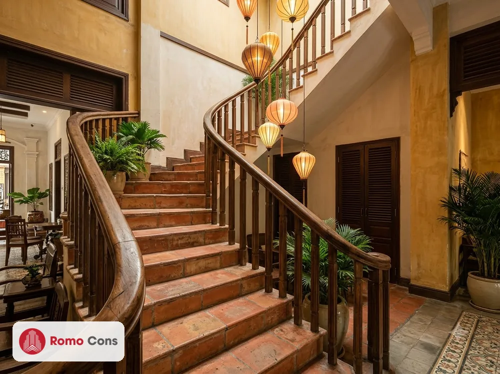 Mẫu lan can cầu thang gỗ thanh vuông trong khách sạn phong cách Indochine ở Hội An
