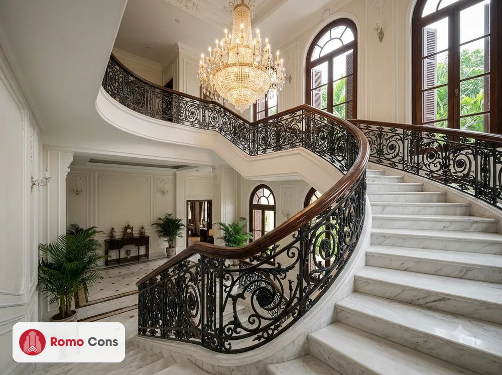 Mẫu lan can cầu thang khách sạn sắt mỹ thuật hoa văn tay vịn gỗ phong cách tân cổ điển