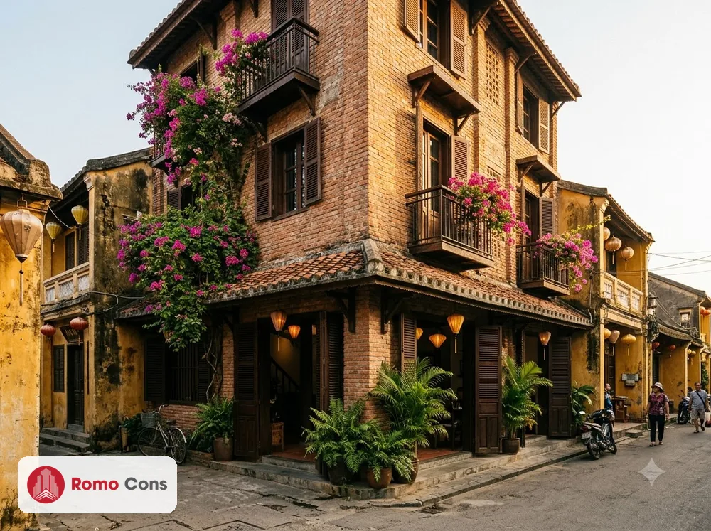 Khách sạn boutique phong cách Hội An với mặt tiền gạch nung đỏ và cửa chớp gỗ