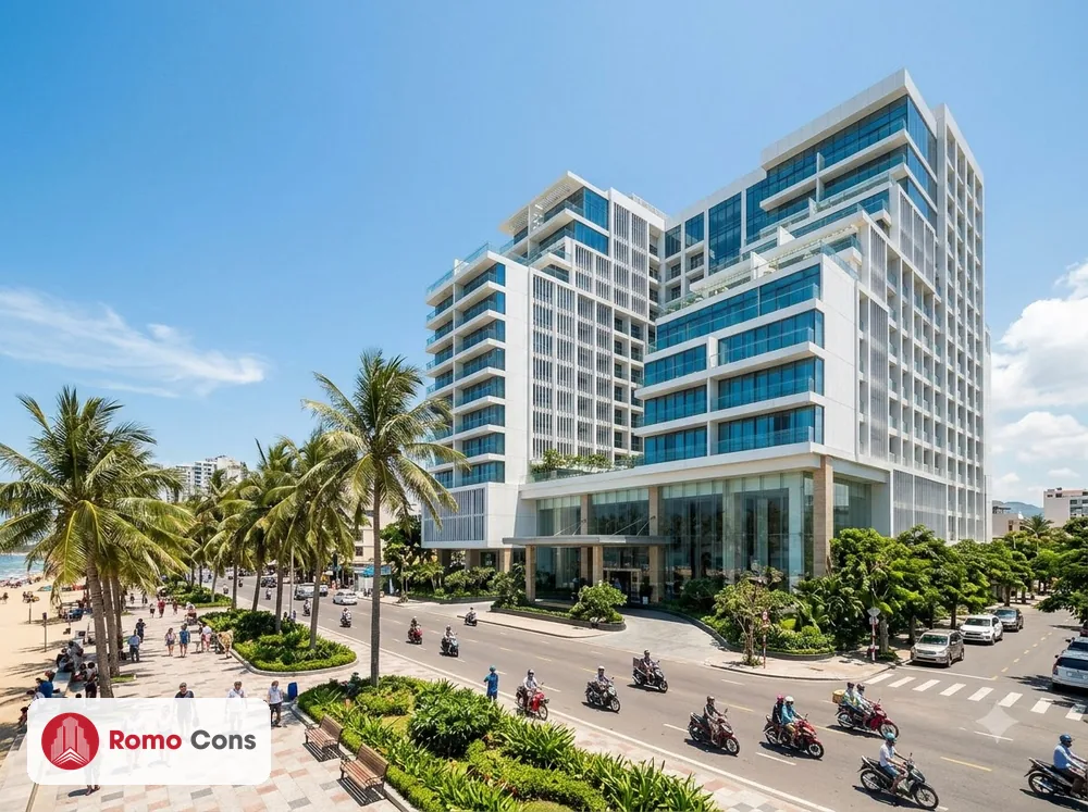 Khách sạn ven biển Nha Trang với mặt tiền nhôm trắng, kính xanh và lam đứng