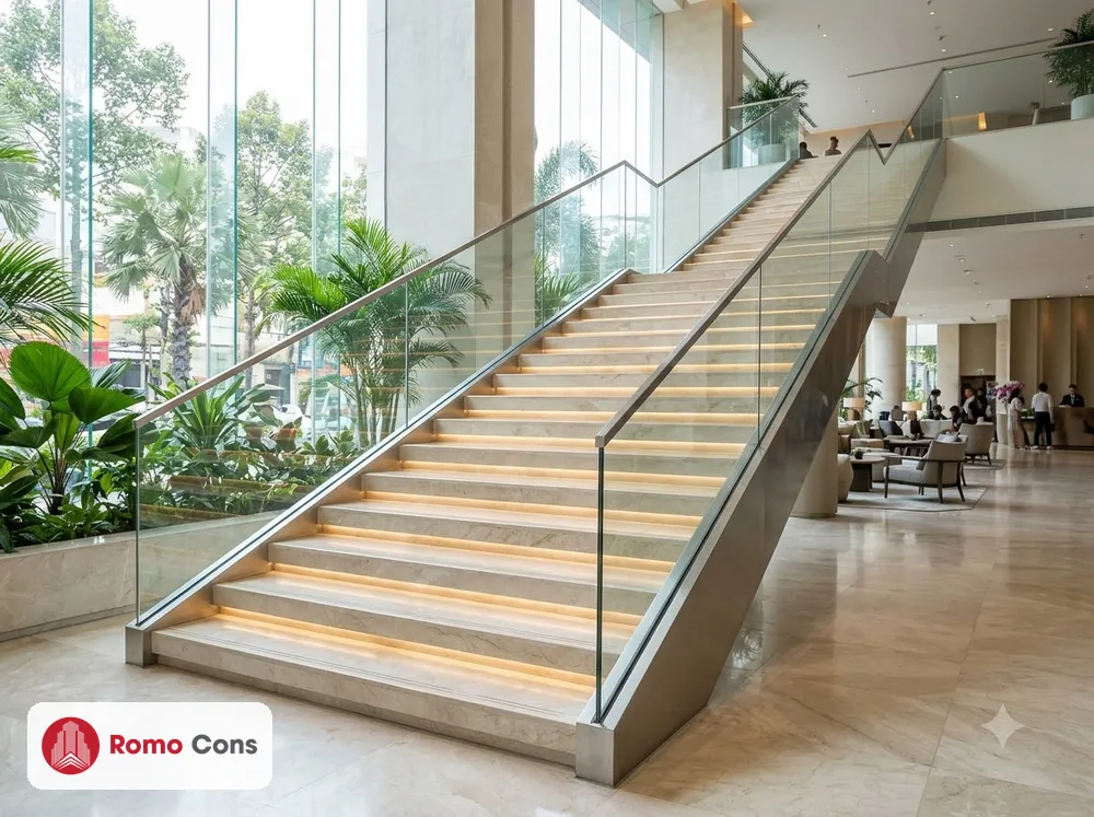 Mẫu lan can cầu thang kính không trụ, tay vịn inox ở sảnh khách sạn