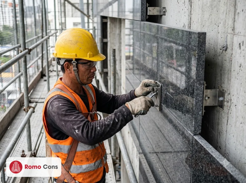 Thợ Việt Nam treo khô tấm đá granite mặt tiền khách sạn bằng pát inox