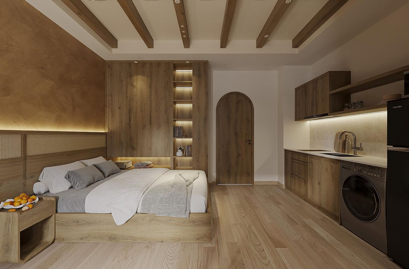 Căn hộ dịch vụ cao cấp tại KĐT Elysia Đà Nẵng 10 Phối cảnh studio căn hộ dịch vụ Elysia với trần dầm gỗ, tủ áo và bếp