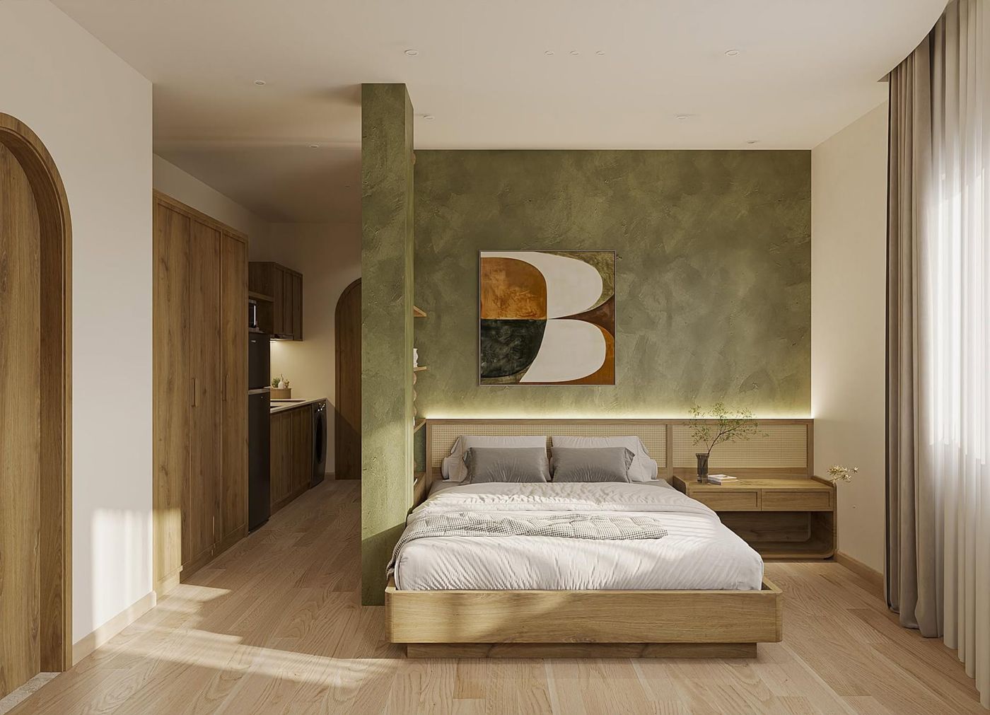 Căn hộ dịch vụ cao cấp tại KĐT Elysia Đà Nẵng 9 Phối cảnh studio căn hộ dịch vụ Elysia với vách sơn hiệu ứng và đầu giường mây