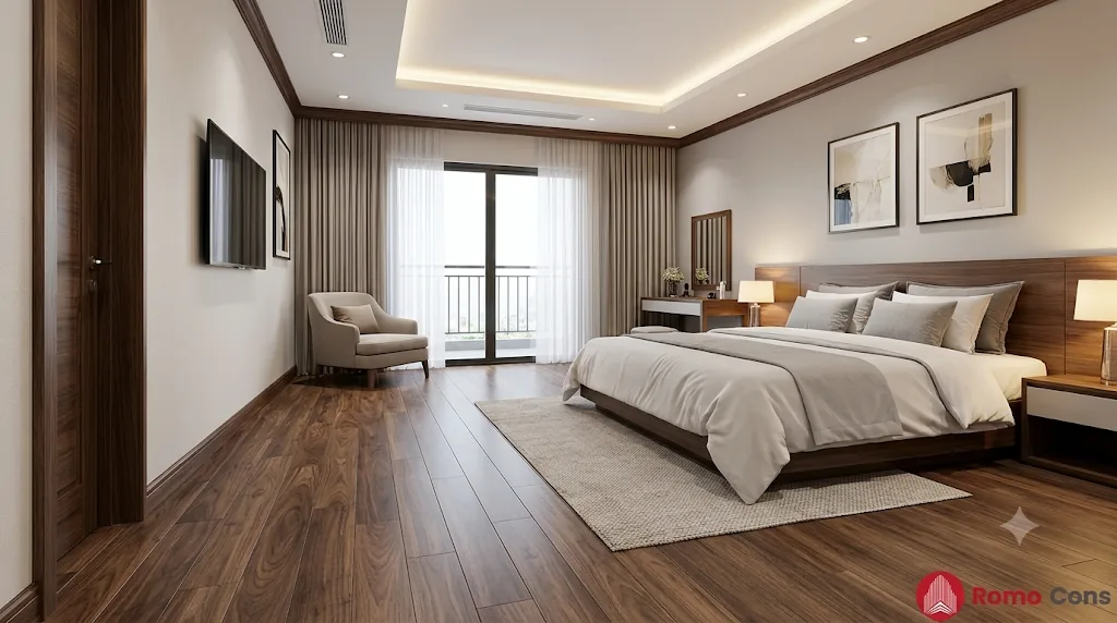 22 mẫu lát sàn khách sạn đẹp, bền theo từng khu vực: gạch, SPC, sàn gỗ và thảm 12 Phòng ngủ khách sạn lát sàn gỗ công nghiệp vân óc chó nâu trầm