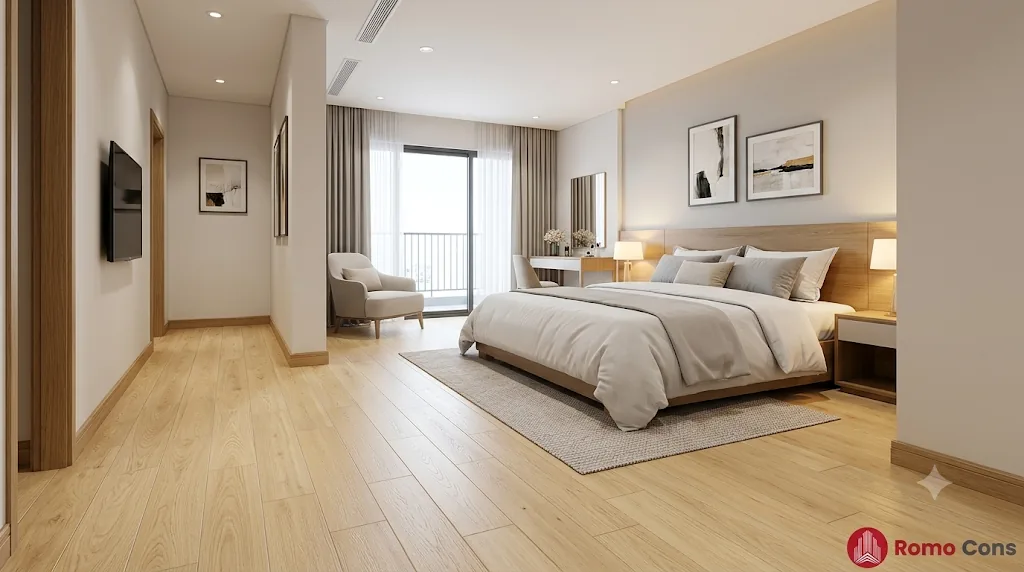 22 mẫu lát sàn khách sạn đẹp, bền theo từng khu vực: gạch, SPC, sàn gỗ và thảm 11 Phòng ngủ khách sạn lát sàn gỗ công nghiệp vân sồi sáng