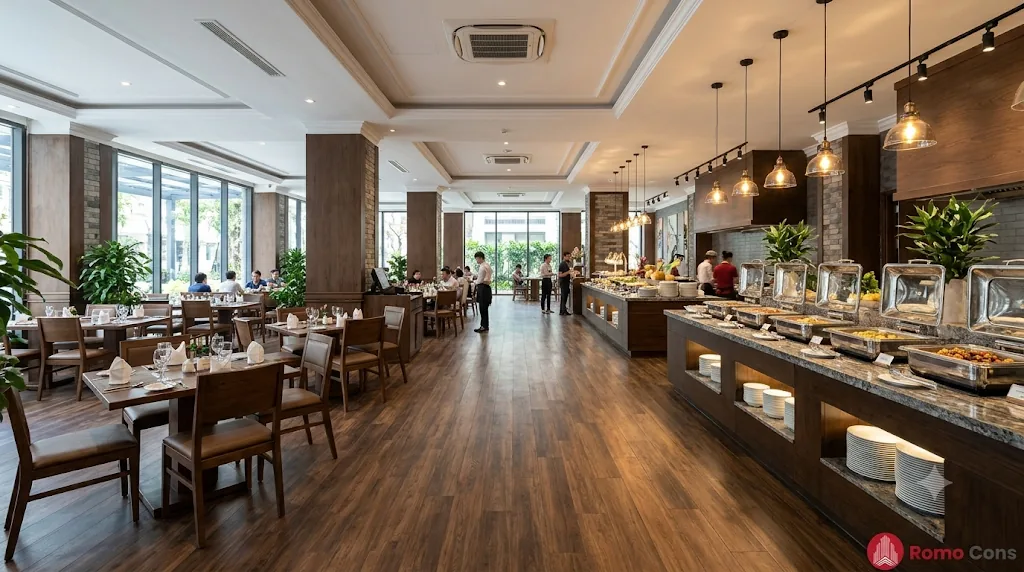 22 mẫu lát sàn khách sạn đẹp, bền theo từng khu vực: gạch, SPC, sàn gỗ và thảm 21 Nhà hàng khách sạn lát sàn SPC vân gỗ