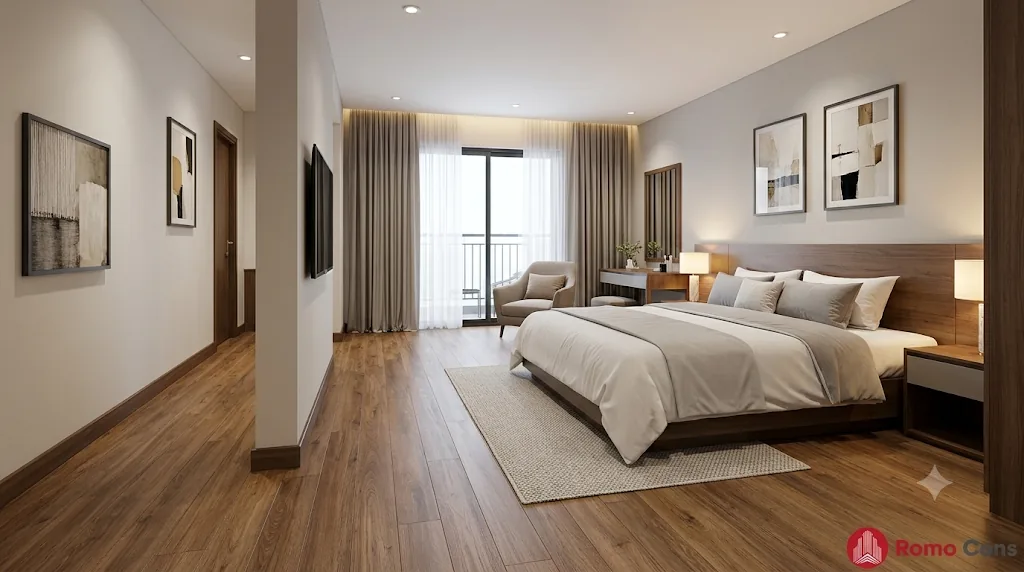 22 mẫu lát sàn khách sạn đẹp, bền theo từng khu vực: gạch, SPC, sàn gỗ và thảm 13 Phòng khách sạn lát sàn SPC vân gỗ có lớp đế cách âm