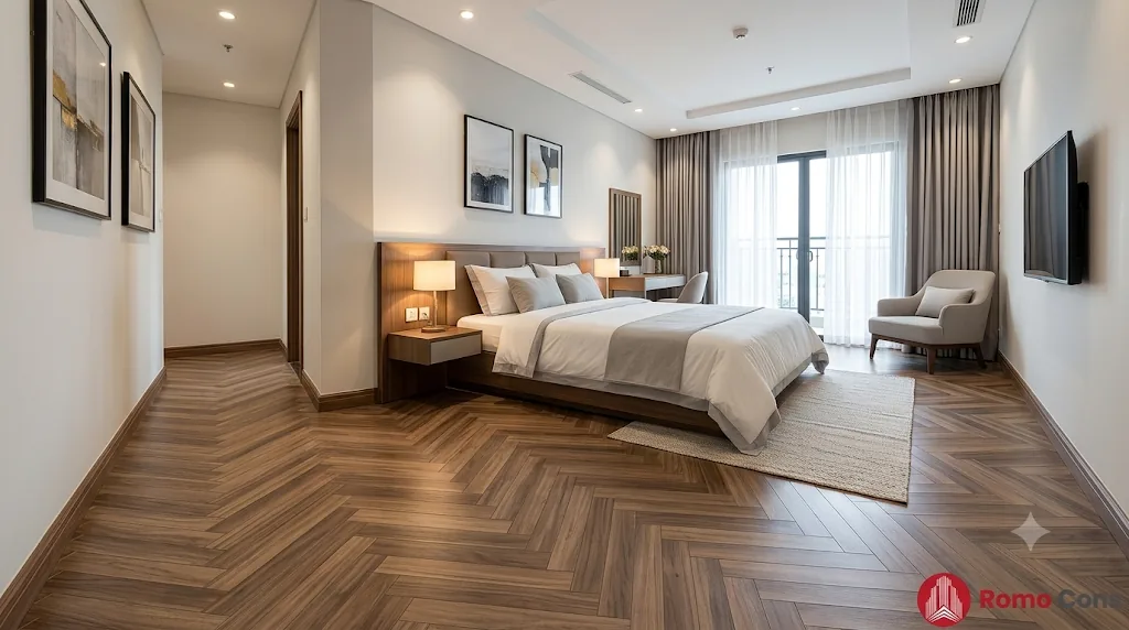 22 mẫu lát sàn khách sạn đẹp, bền theo từng khu vực: gạch, SPC, sàn gỗ và thảm 14 Phòng ngủ khách sạn lát sàn gỗ kiểu xương cá
