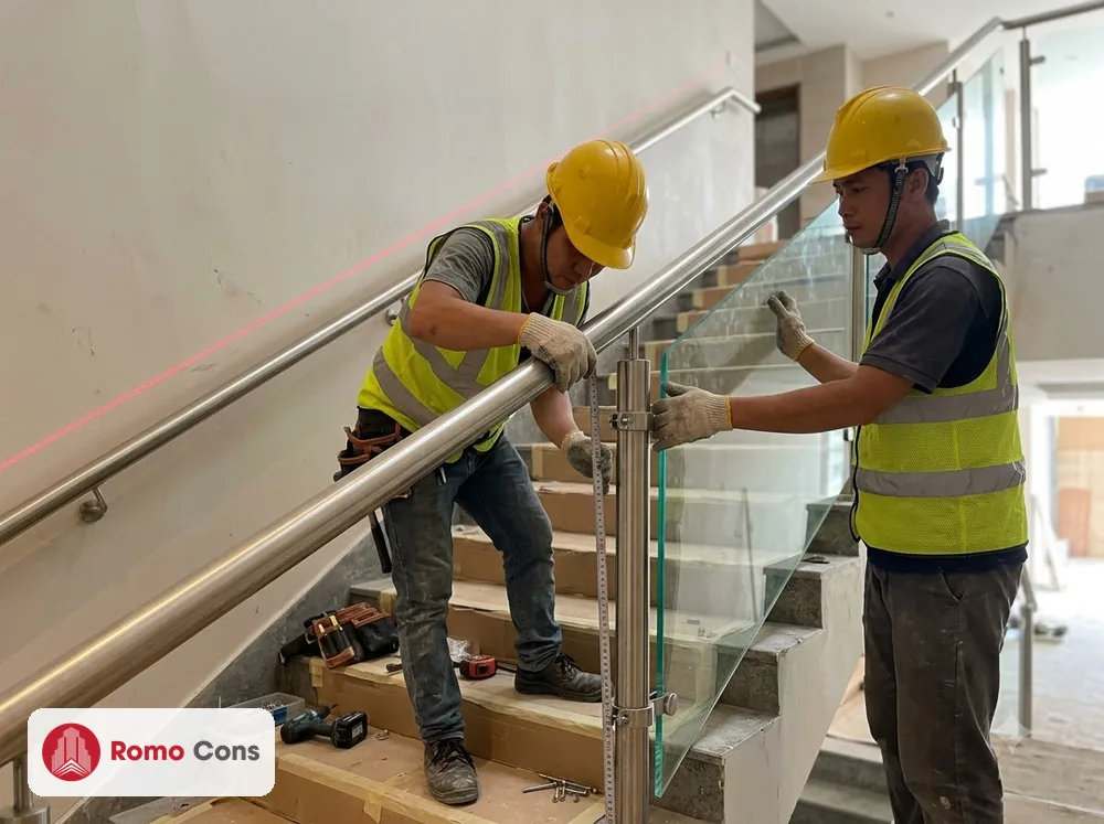 Thợ Việt Nam lắp kính cường lực vào kẹp inox và đo chiều cao tay vịn lan can cầu thang khách sạn