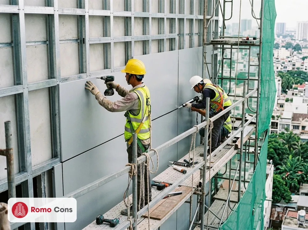 Thợ Việt Nam bắt tấm alu lên khung xương và bơm keo mạch mặt tiền khách sạn