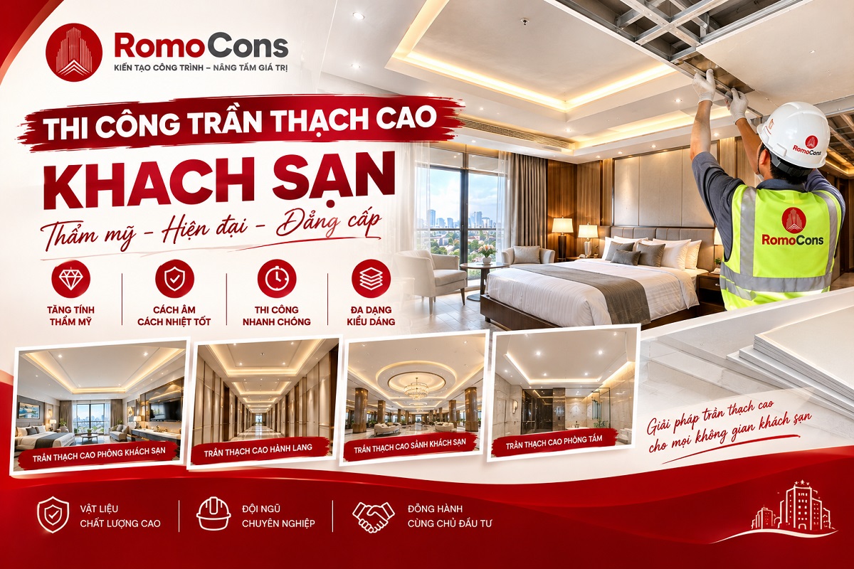 Thi công trần thạch cao khách sạn: chọn tấm theo khu vực, khung xương đúng chuẩn và cách tránh nứt, ố vàng 1 Thi công trần thạch cao khách sạn