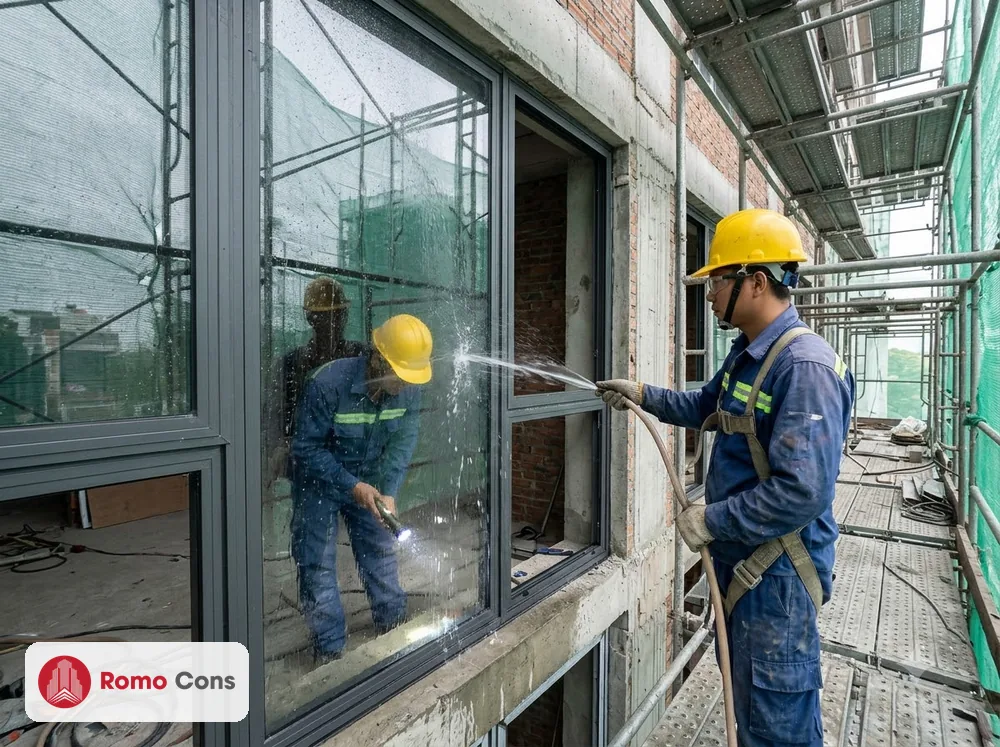 20 mẫu cửa nhôm kính khách sạn đẹp, bền theo từng vị trí: sảnh, phòng, ban công 17 Thợ Việt Nam thử thấm nước cửa nhôm kính khách sạn đang thi công bằng vòi phun