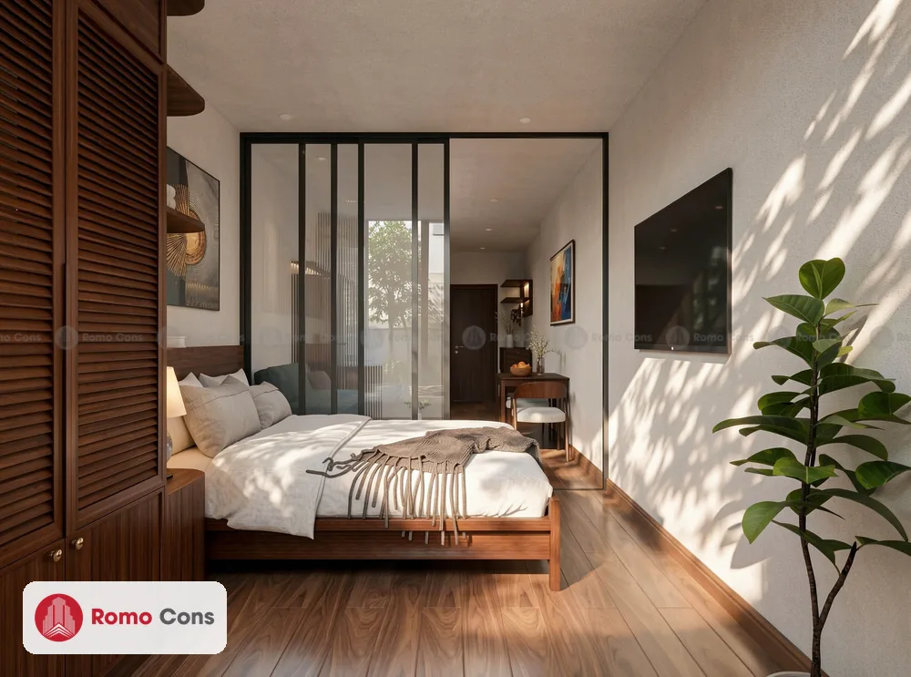 20 mẫu cửa nhôm kính khách sạn đẹp, bền theo từng vị trí: sảnh, phòng, ban công 14 Phối cảnh vách kính khung nhôm đen ngăn khu ngủ ở căn hộ Indochine Paloma
