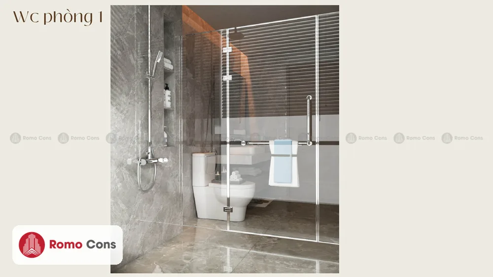 20 mẫu cửa nhôm kính khách sạn đẹp, bền theo từng vị trí: sảnh, phòng, ban công 15 Phối cảnh phòng tắm Mộc An Hotel với vách kính tắm khung nhôm mảnh