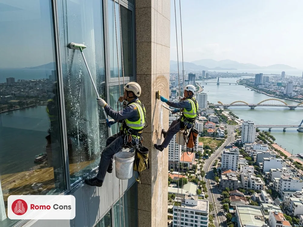 Thợ dây vệ sinh kính và đá mặt tiền khách sạn cao tầng ở Đà Nẵng