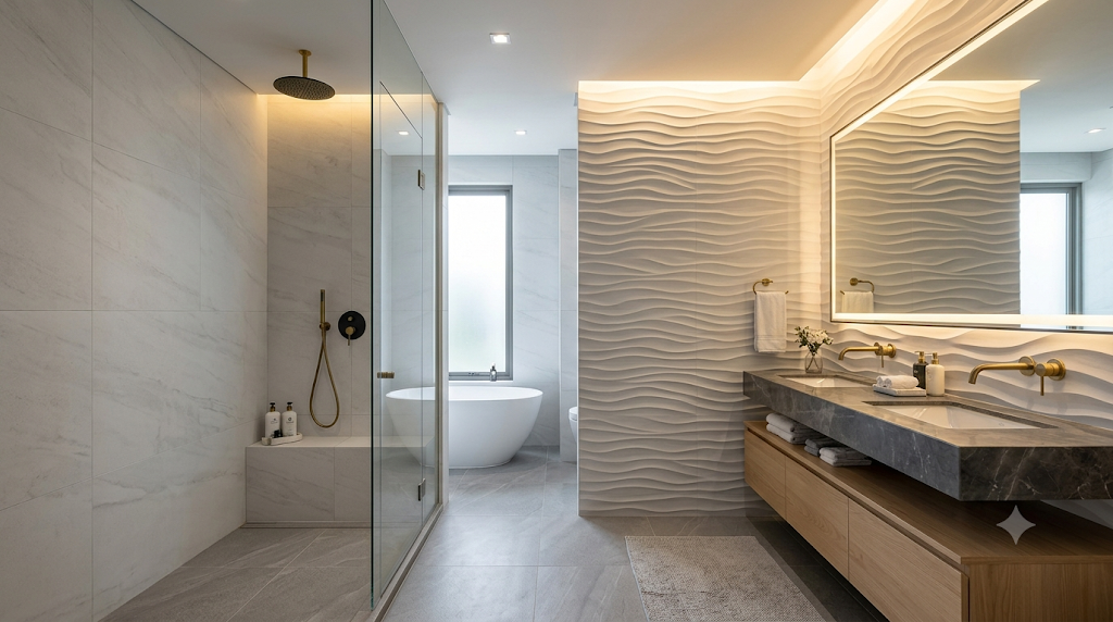 Mẫu 16. Gạch 3D, gạch sóng mảng sau lavabo