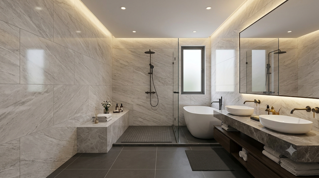 Mẫu 2. Vân đá xám nhạt tường, sàn xám đậm