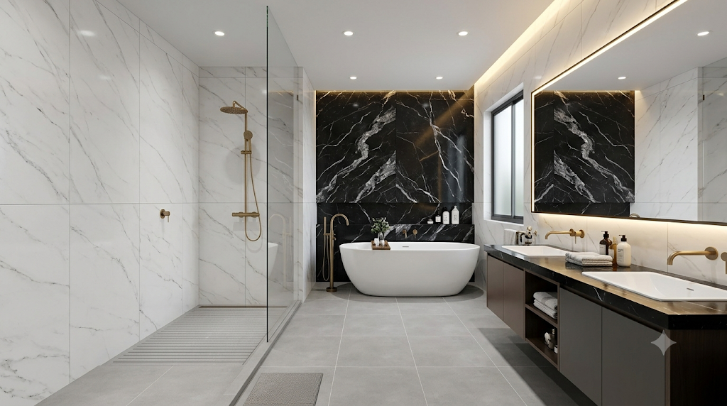 Mẫu 3. Vân đá trắng kết hợp mảng vân đá đen sau lavabo