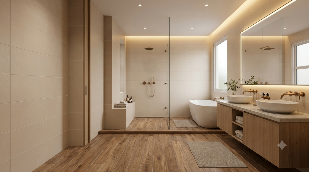 Mẫu 8. Sàn gạch vân gỗ, tường be